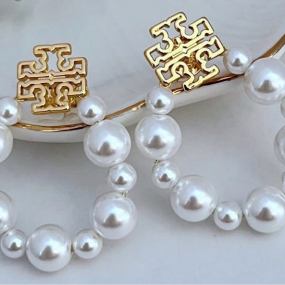 Tory Burch Pearl and Gold Logo Earrings - Picture 2 of 4